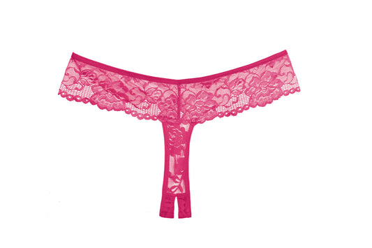 Allure Lingerie Chiqui Love Lace Crotchless Thong - Hot Pink - OS