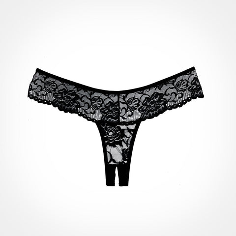 Allure Lingerie Chiqui Love Lace Crotchless Thong  - Black - One SIze