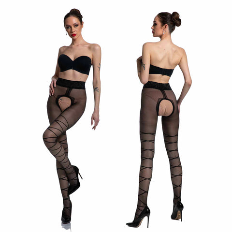 Amour Dominatrice 20D Crotchless Criss Cross Fashion Pantyhose  | Reg & Plus