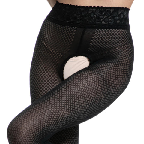 Amour Nymph 30D Fishnet Pattern Crotchless Fashion Pantyhose - Reg & Plus