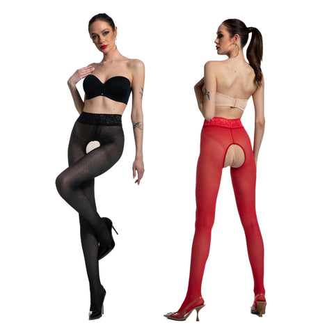 Amour Nymph 30D Fishnet Pattern Crotchless Fashion Pantyhose - Reg & Plus