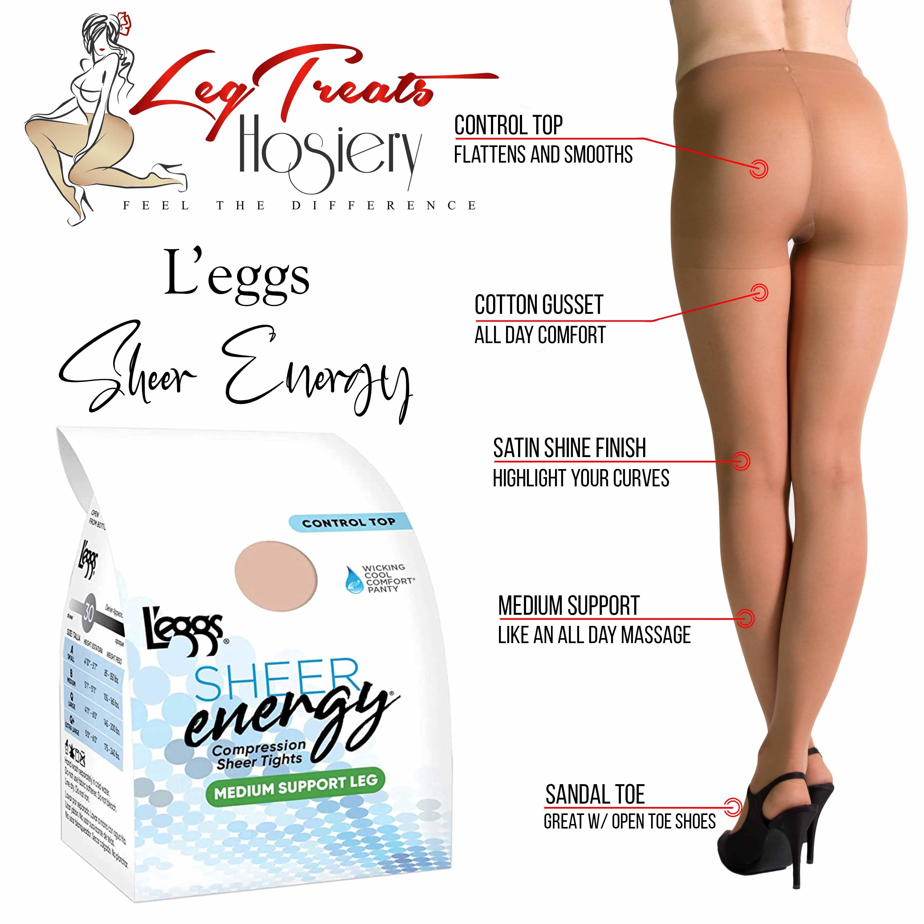 Leggs Sheer Energy Control Top Pantyhose  Satin Gloss Medium Support – Leg  Treats
