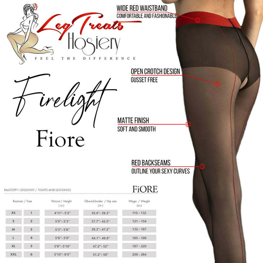 Fiore Firelight 20D Crotchless Pantyhose - Black with Red Seams and Waistband