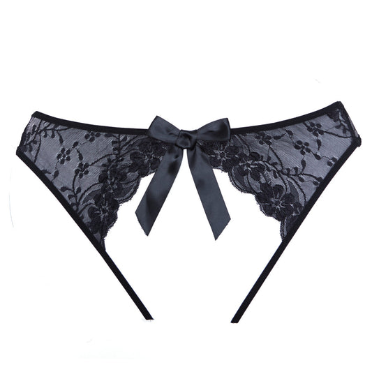 Allure Lingerie Sheer Teaz Crotchless Panty w/ Lace & Bow - Black - OS