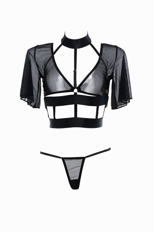 Allure Lingerie Dreamer Sheer Mesh Strappy Top & Thong - Black - OS