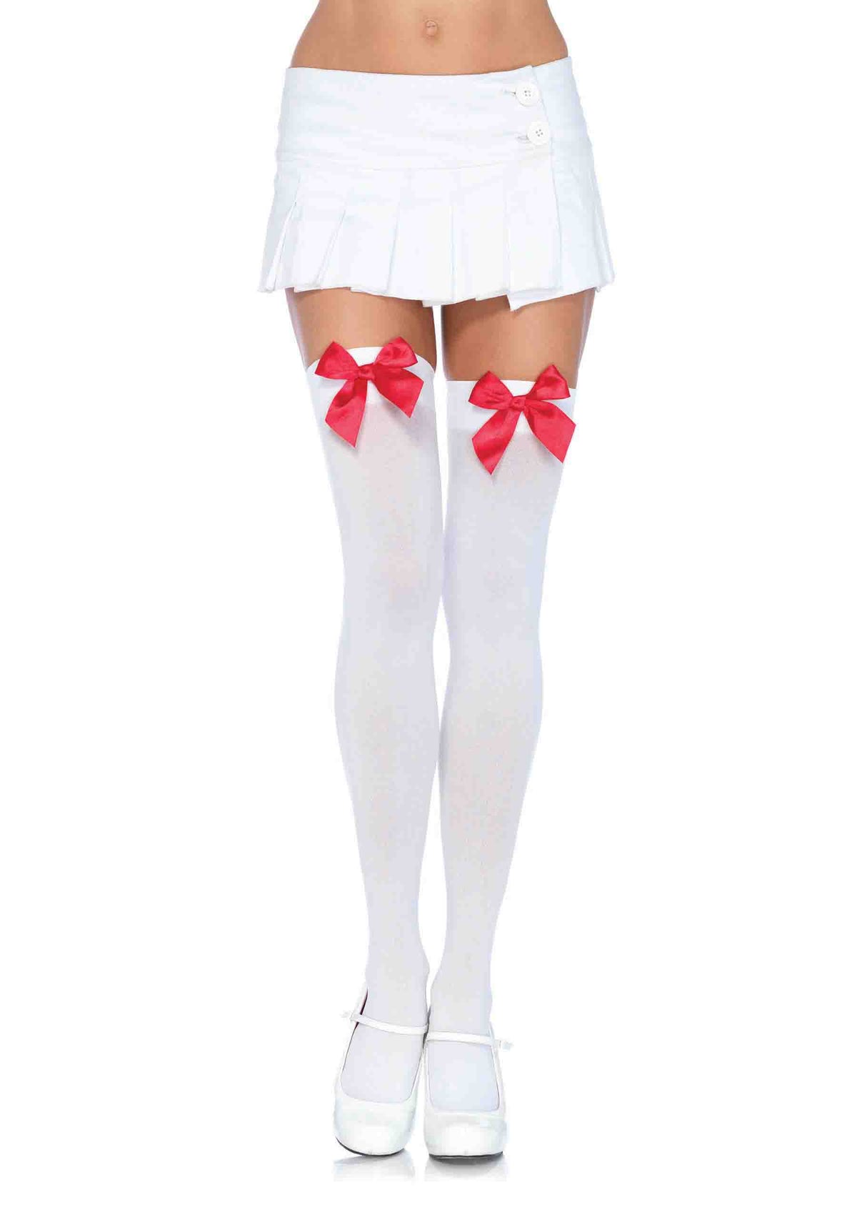 Nylon Over the Knee Socks - White With Red Bow LA-6255WHTRED